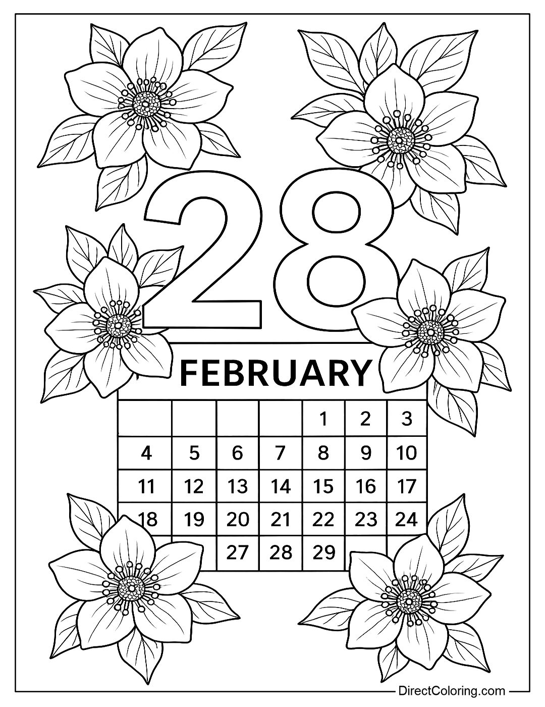 Number 28 Coloring Page with February Calendar and Winter Flowers